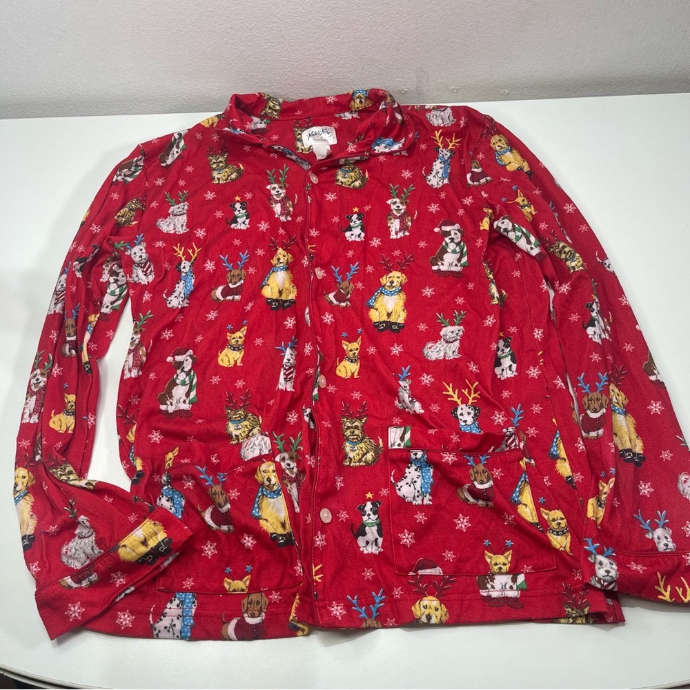 Nick & Nora Christmas Day Dogs Red Pajama Long Sleeve Top Pockets Girls XL 16/18